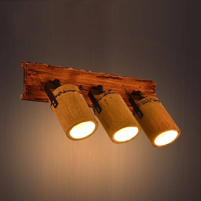 Vintage Cylinder Wall Lamp Sconces 2/3-Light Bamboo Wall Lamp in Brown with Linear Wooden Backplate
