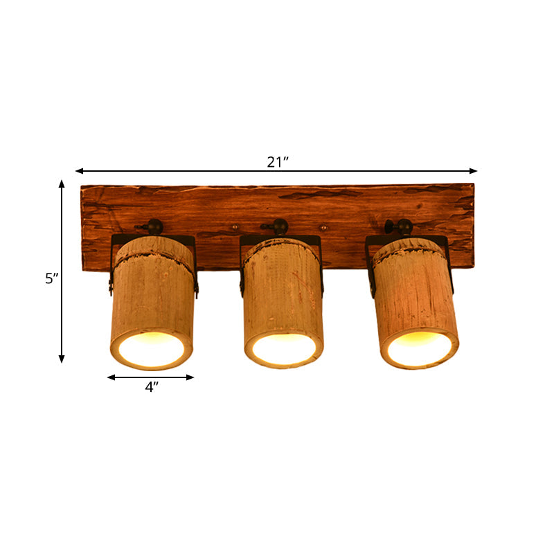 Vintage Cylinder Wall Lamp Sconces 2/3-Light Bamboo Wall Lamp in Brown with Linear Wooden Backplate