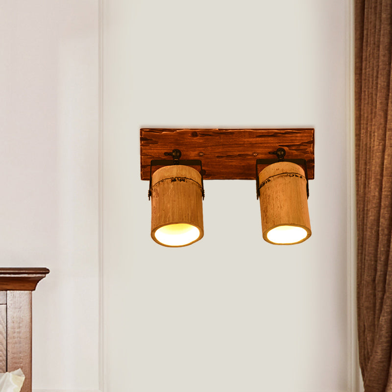 Vintage Cylinder Wall Lamp Sconces 2/3-Light Bamboo Wall Lamp in Brown with Linear Wooden Backplate