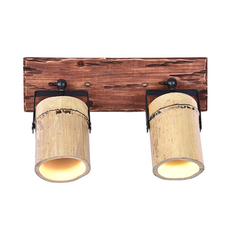 Vintage Cylinder Wall Lamp Sconces 2/3-Light Bamboo Wall Lamp in Brown with Linear Wooden Backplate