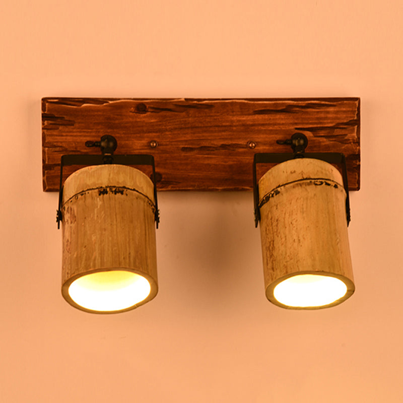 Vintage Cylinder Wall Lamp Sconces 2/3-Light Bamboo Wall Lamp in Brown with Linear Wooden Backplate