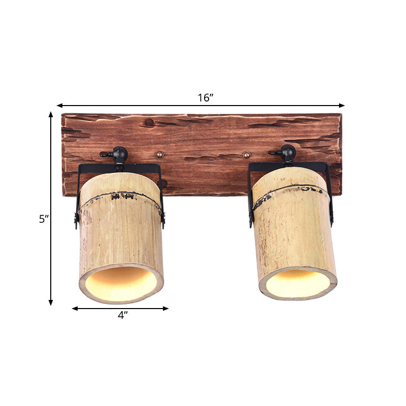 Vintage Cylinder Wall Lamp Sconces 2/3-Light Bamboo Wall Lamp in Brown with Linear Wooden Backplate