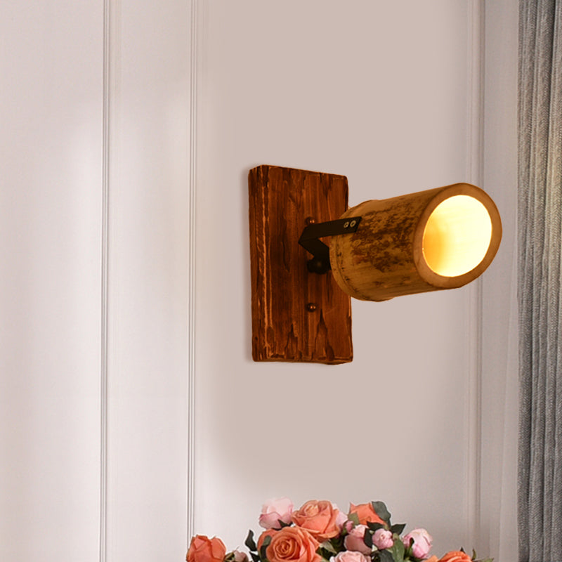 Vintage Cylinder Wall Lamp Sconces 2/3-Light Bamboo Wall Lamp in Brown with Linear Wooden Backplate