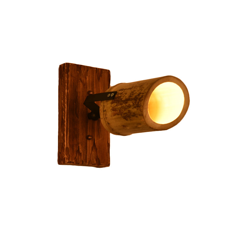 Vintage Cylinder Wall Lamp Sconces 2/3-Light Bamboo Wall Lamp in Brown with Linear Wooden Backplate