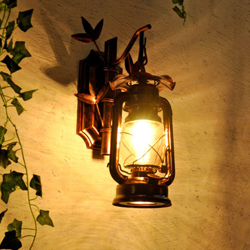Industrial Lantern Wall Lamp 1 Head Clear Glass Wall Plate Lighting Fixture in Bronze/Copper with Metal Bamboo Back Plate