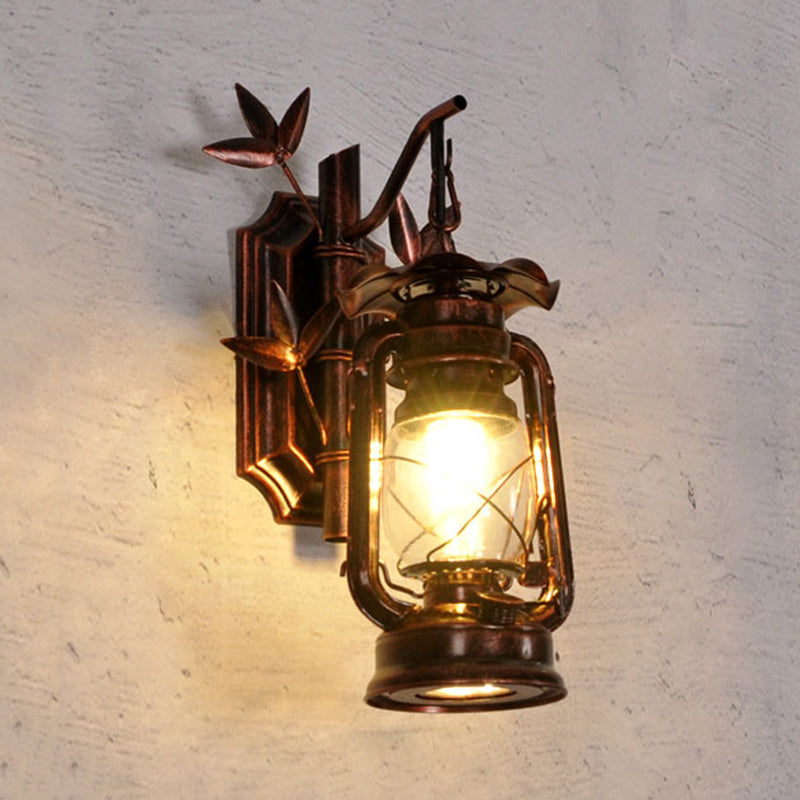 Industrial Lantern Wall Lamp 1 Head Clear Glass Wall Plate Lighting Fixture in Bronze/Copper with Metal Bamboo Back Plate