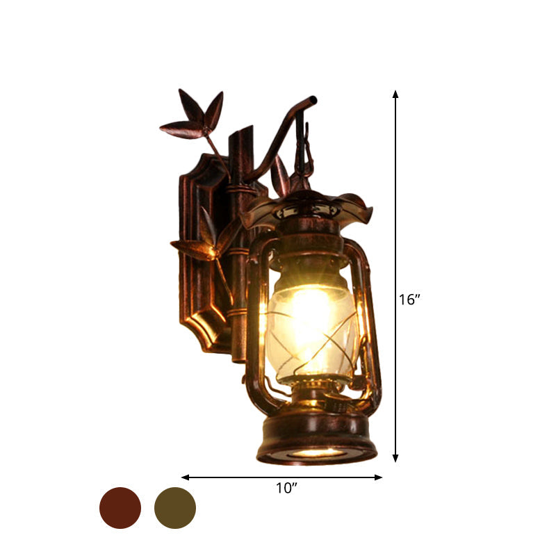 Industrial Lantern Wall Lamp 1 Head Clear Glass Wall Plate Lighting Fixture in Bronze/Copper with Metal Bamboo Back Plate