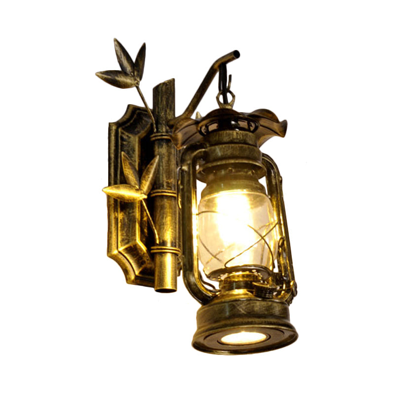 Industrial Lantern Wall Lamp 1 Head Clear Glass Wall Plate Lighting Fixture in Bronze/Copper with Metal Bamboo Back Plate