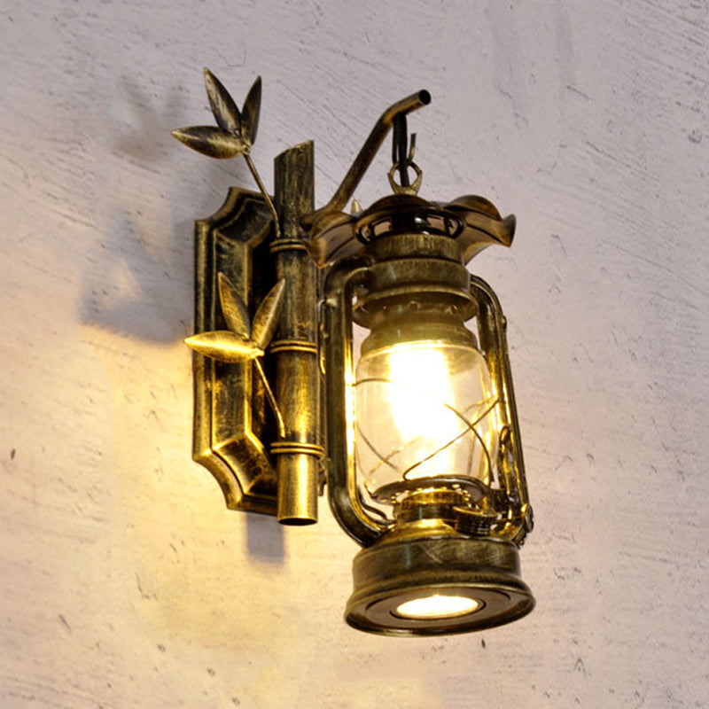 Industrial Lantern Wall Lamp 1 Head Clear Glass Wall Plate Lighting Fixture in Bronze/Copper with Metal Bamboo Back Plate
