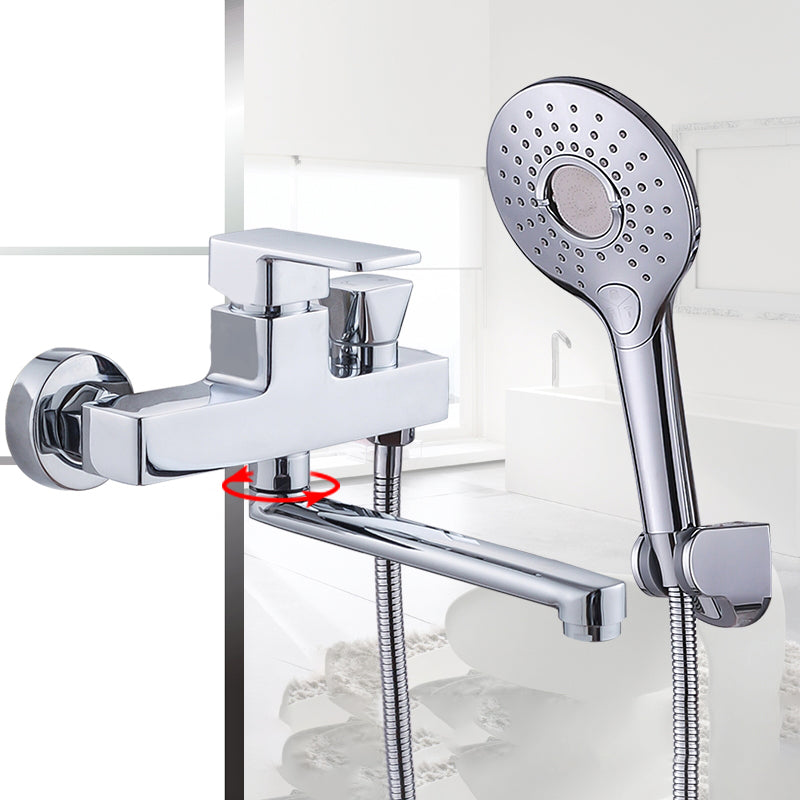 Chrome polished bathroom faucet wall-mounted with swivel spout and hand shower