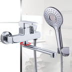Chrome polished bathroom faucet wall-mounted with swivel spout and hand shower