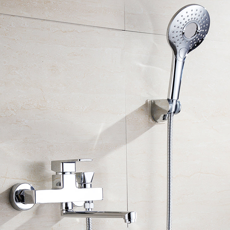 Chrome polished bathroom faucet wall-mounted with swivel spout and hand shower