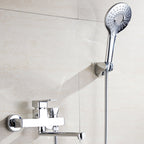 Chrome polished bathroom faucet wall-mounted with swivel spout and hand shower