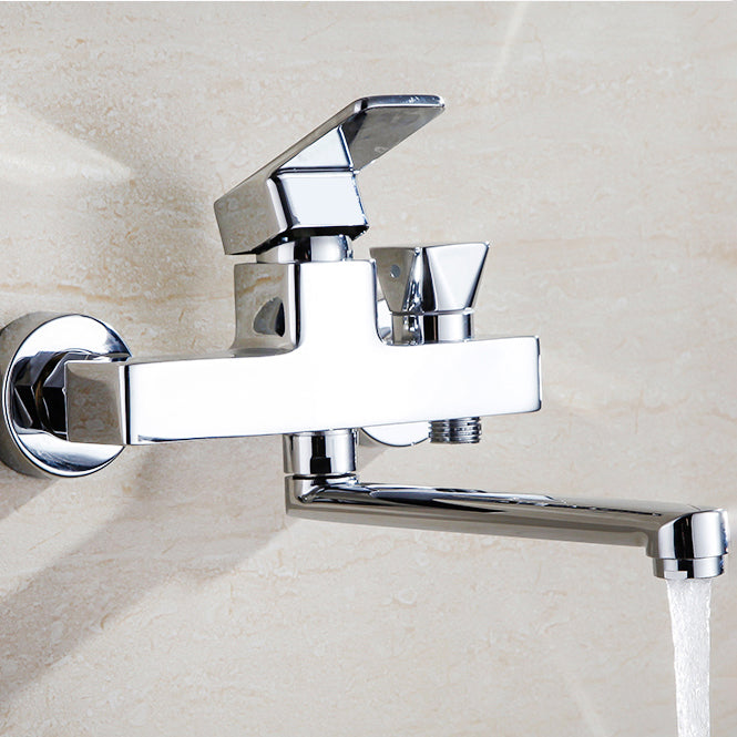 Chrome polished bathroom faucet wall-mounted with swivel spout and hand shower