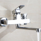 Chrome polished bathroom faucet wall-mounted with swivel spout and hand shower