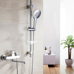 Chrome polished bathroom faucet wall-mounted with swivel spout and hand shower