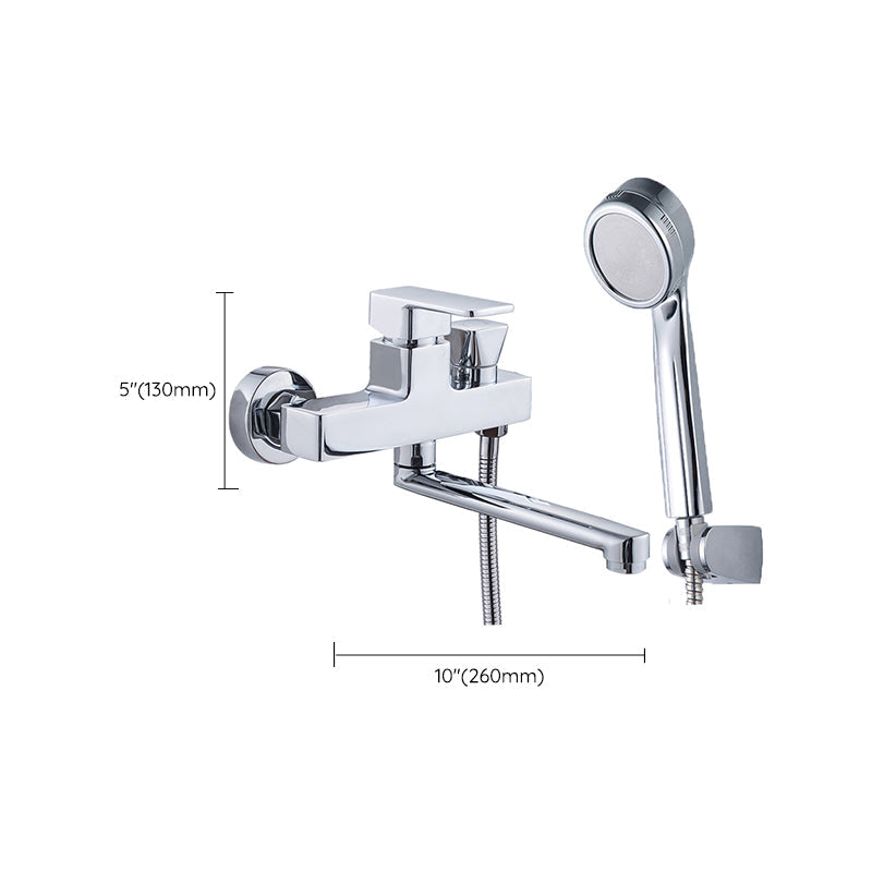 Chrome polished bathroom faucet wall-mounted with swivel spout and hand shower