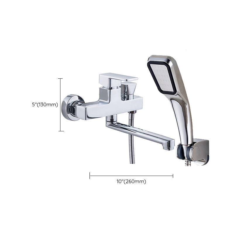 Chrome polished bathroom faucet wall-mounted with swivel spout and hand shower