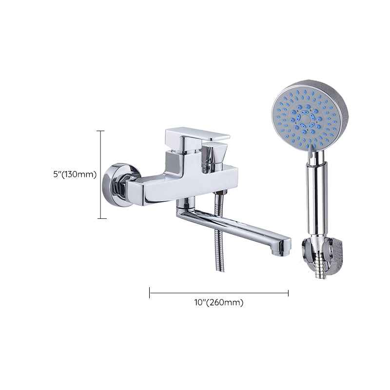 Chrome polished bathroom faucet wall-mounted with swivel spout and hand shower