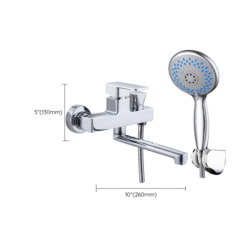 Chrome polished bathroom faucet wall-mounted with swivel spout and hand shower