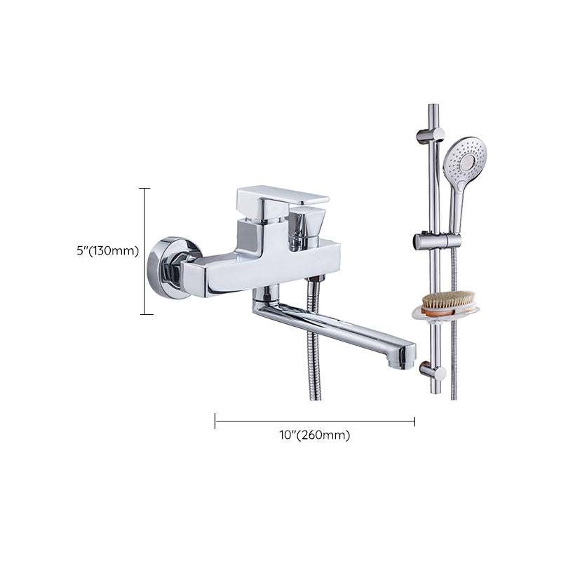 Chrome polished bathroom faucet wall-mounted with swivel spout and hand shower