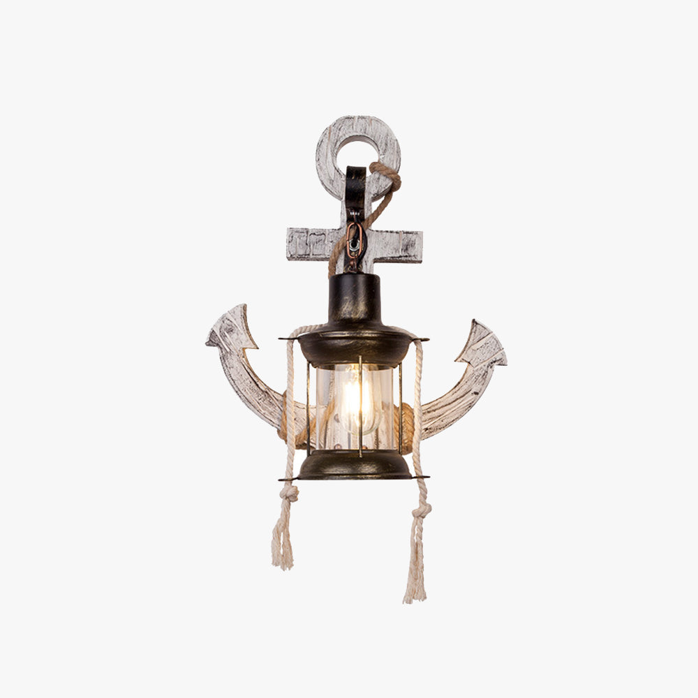Rustic Wood Anchor Wall Lamp with Lantern