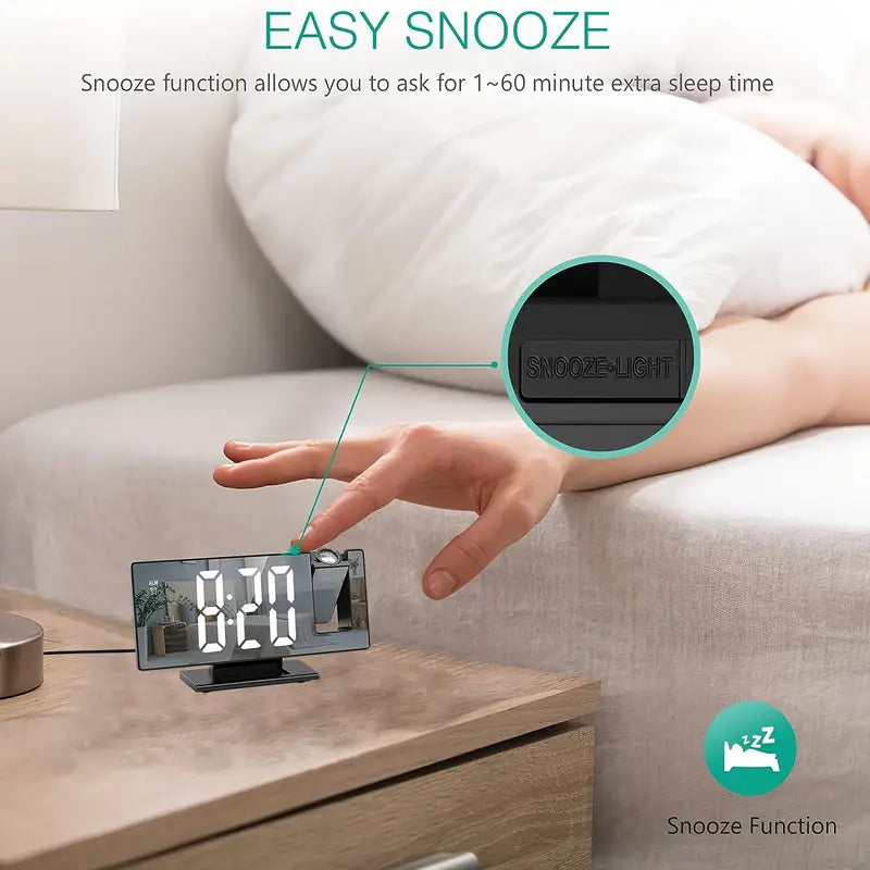 180° Adjustable LED Projection Alarm Clock – Snooze, 12/24H Time & Temperature Display, Mirror Design – USB Powered, Night Mode & Memory Function