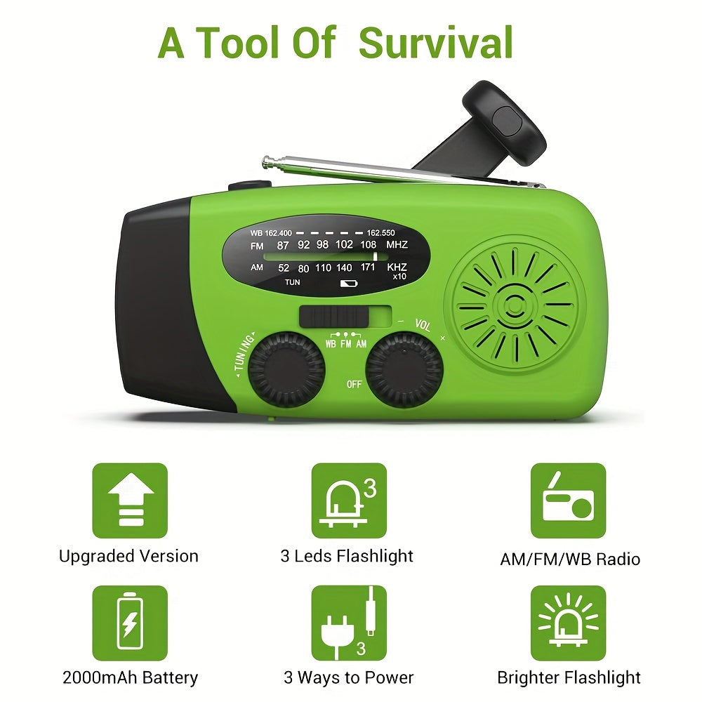 Compact Emergency Radio with 2000mAh Power Bank, Solar Power, Hand Crank and Built-in Flashlight for Outdoor Use