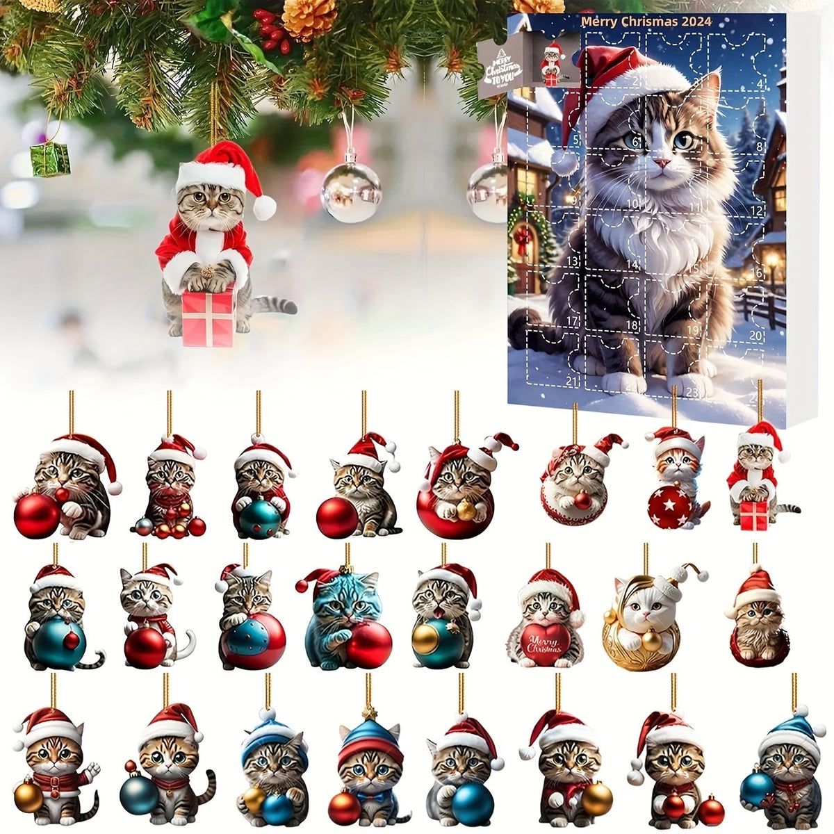 Vintage Cats Advent Calendar – 24-piece Christmas Calendar with Acrylic Hang Tags