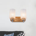 White Glass Cylinder Wall Light Sconces Modern 2 Heads Wood Wall Mount Lamp Holder with Rose Pattern