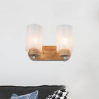 White Glass Cylinder Wall Light Sconces Modern 2 Heads Wood Wall Mount Lamp Holder with Rose Pattern