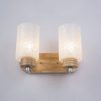 White Glass Cylinder Wall Light Sconces Modern 2 Heads Wood Wall Mount Lamp Holder with Rose Pattern