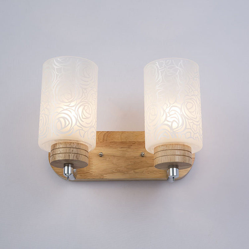 White Glass Cylinder Wall Light Sconces Modern 2 Heads Wood Wall Mount Lamp Holder with Rose Pattern