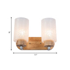 White Glass Cylinder Wall Light Sconces Modern 2 Heads Wood Wall Mount Lamp Holder with Rose Pattern
