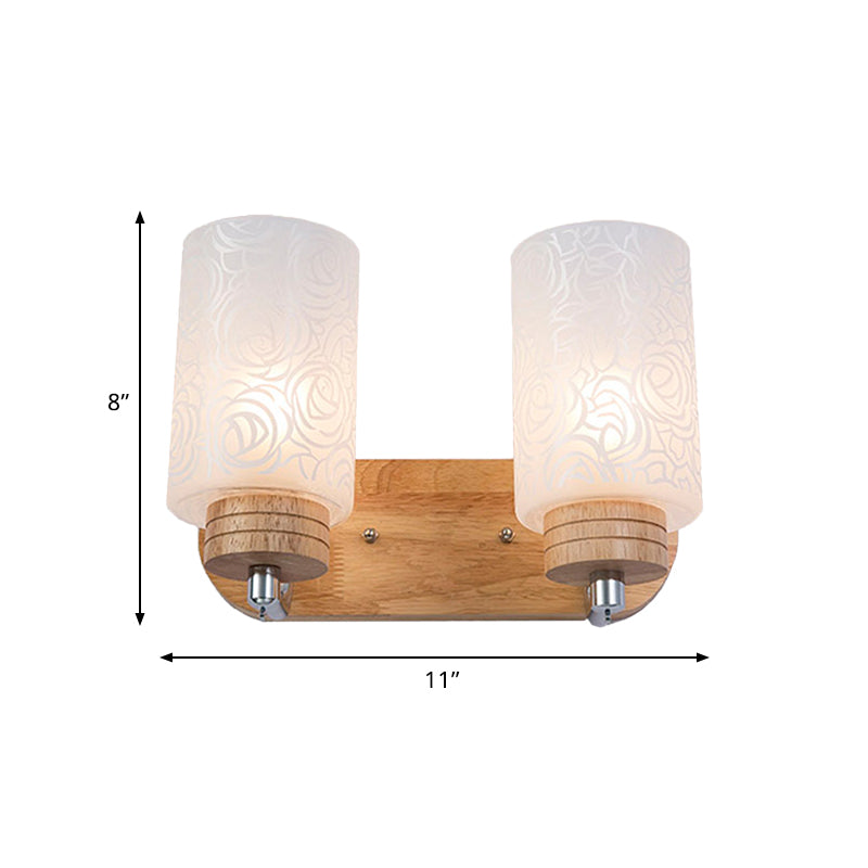 White Glass Cylinder Wall Light Sconces Modern 2 Heads Wood Wall Mount Lamp Holder with Rose Pattern