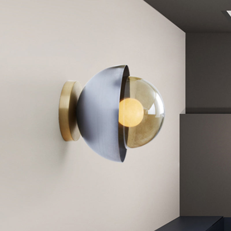 Metallic Half-Moon Wall Lamp Modernist 1-Light Brass/Chrome Wall Light with Orb Tan Glass Shade for Hallway