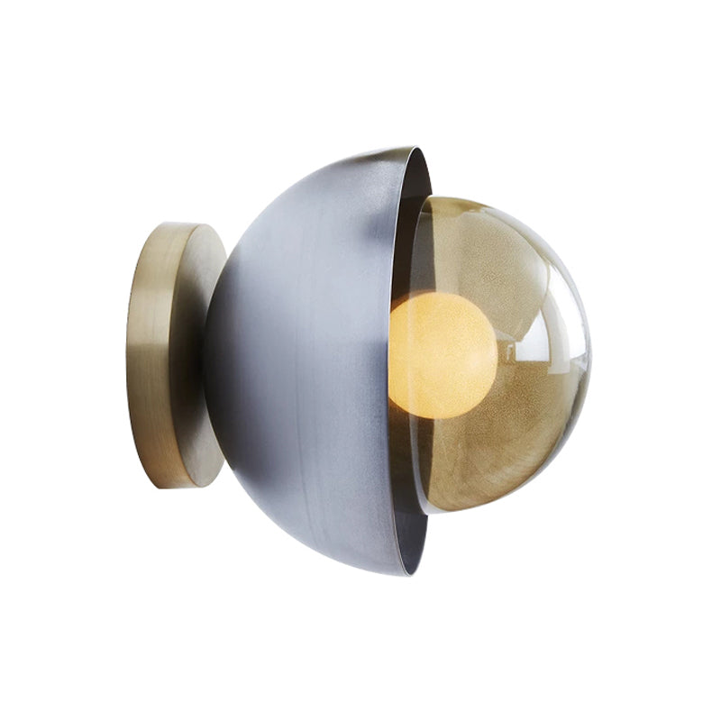 Metallic Half-Moon Wall Lamp Modernist 1-Light Brass/Chrome Wall Light with Orb Tan Glass Shade for Hallway