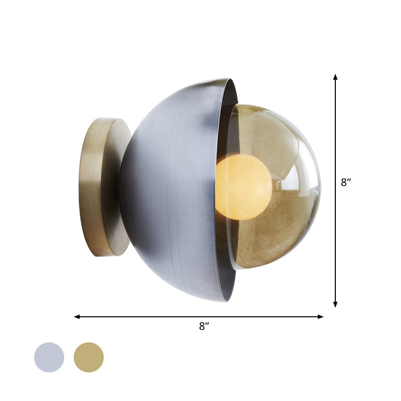 Metallic Half-Moon Wall Lamp Modernist 1-Light Brass/Chrome Wall Light with Orb Tan Glass Shade for Hallway