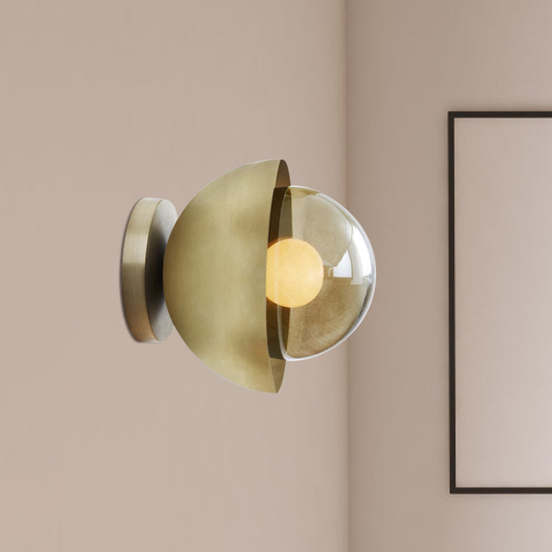 Metallic Half-Moon Wall Lamp Modernist 1-Light Brass/Chrome Wall Light with Orb Tan Glass Shade for Hallway