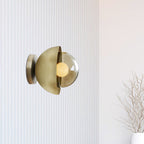 Metallic Half-Moon Wall Lamp Modernist 1-Light Brass/Chrome Wall Light with Orb Tan Glass Shade for Hallway