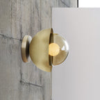 Metallic Half-Moon Wall Lamp Modernist 1-Light Brass/Chrome Wall Light with Orb Tan Glass Shade for Hallway