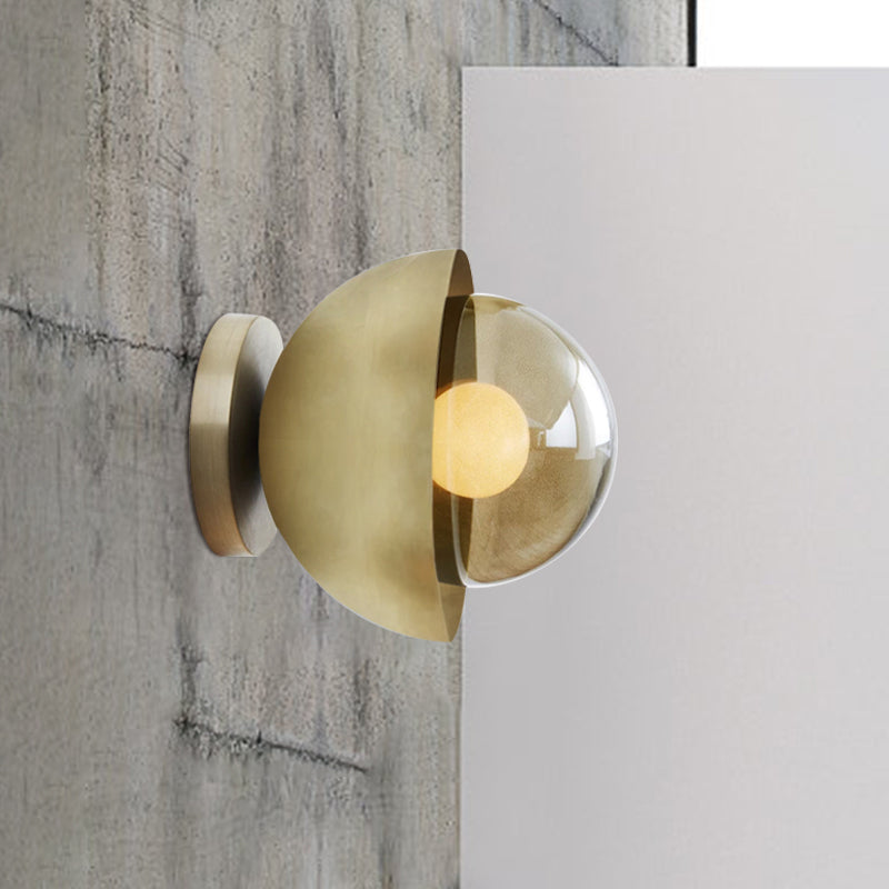 Metallic Half-Moon Wall Lamp Modernist 1-Light Brass/Chrome Wall Light with Orb Tan Glass Shade for Hallway