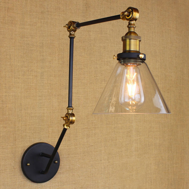 Vintage Tapered Wall Lamp Fixture 1 Light Source Clear Glass Wall Lamp in Brass with Extendable Arm