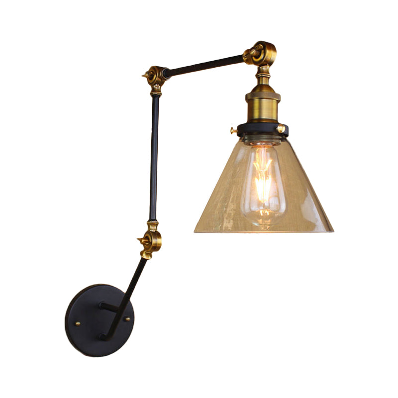 Vintage Tapered Wall Lamp Fixture 1 Light Source Clear Glass Wall Lamp in Brass with Extendable Arm