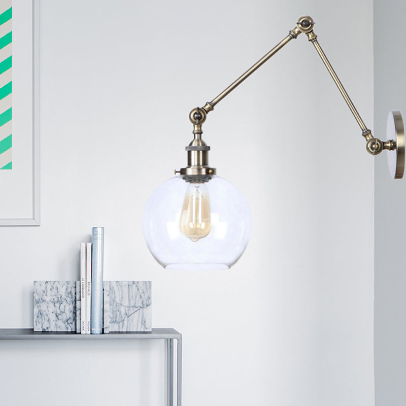 Rustic Globe Wall Lighting Fixture 1 Bulb Clear Glass Sconces Light in Antique Brass