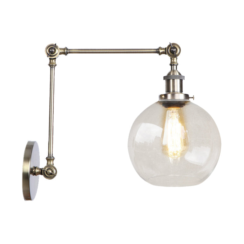 Rustic Globe Wall Lighting Fixture 1 Bulb Clear Glass Sconces Light in Antique Brass