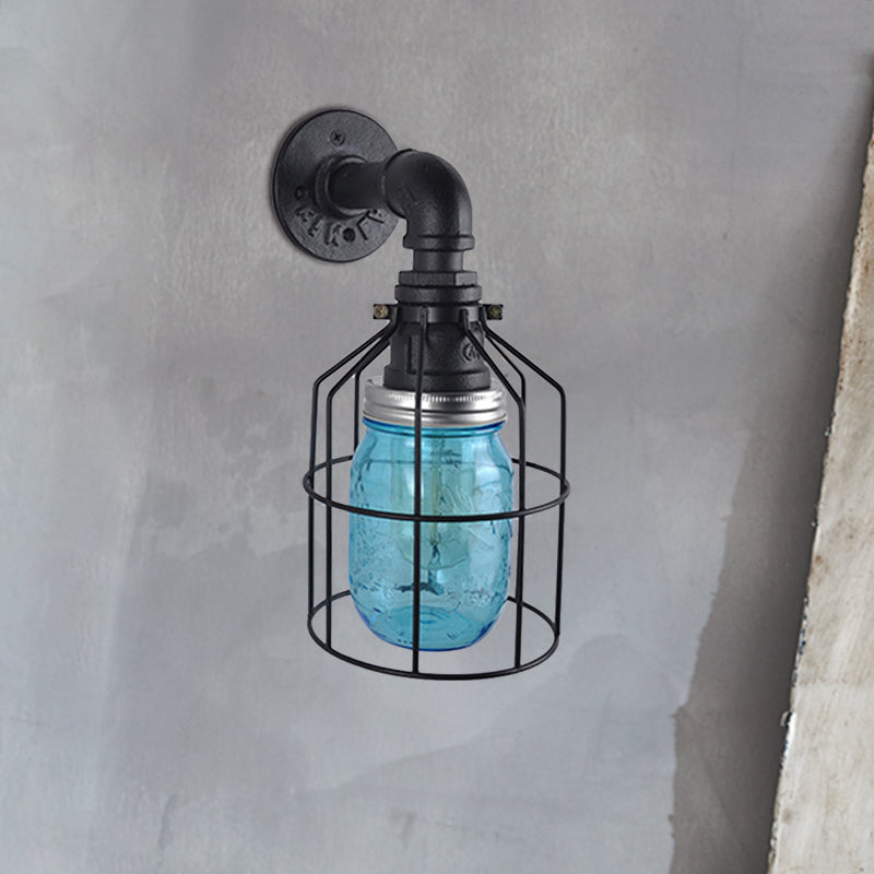 Blue/Clear Glass Shade Wall Lamp with Wire Cage Industrial Style Glass 1 Bulb Restaurant Wall Light