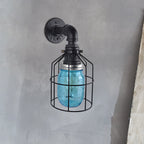 Blue/Clear Glass Shade Wall Lamp with Wire Cage Industrial Style Glass 1 Bulb Restaurant Wall Light