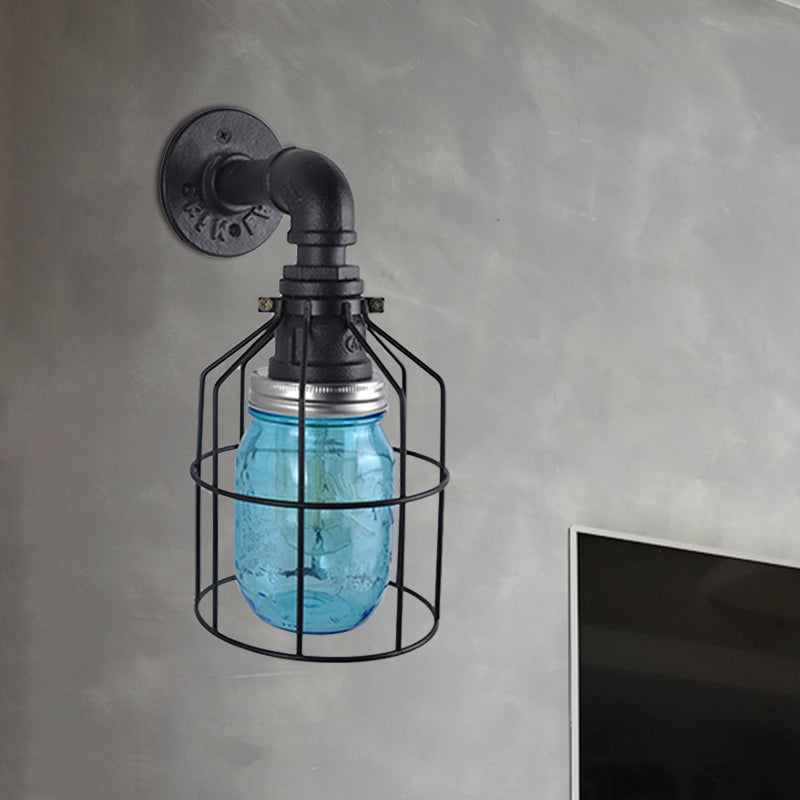 Blue/Clear Glass Shade Wall Lamp with Wire Cage Industrial Style Glass 1 Bulb Restaurant Wall Light