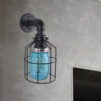 Blue/Clear Glass Shade Wall Lamp with Wire Cage Industrial Style Glass 1 Bulb Restaurant Wall Light